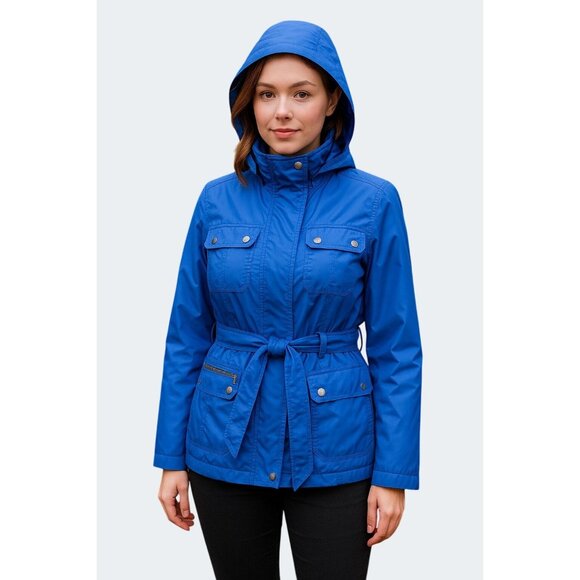 Merona Womens Blue Hooded Belted Rain Jacket Polyester Waterproof Coat Medium - Picture 1 of 13